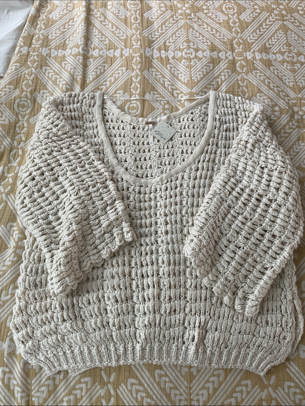 Free People Cream Open-Knit Scoop Neck Pullover Sweater